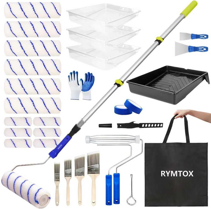 Rymtox 33PCS Paint Roller Kit with Extension Pole | 2–4 FT Pole | 9" & 4" Paint Rollers | Carry Bag | 4 Brushes & Tape | Professional Painting Supplies & Paint Brushes Set for Walls Ceilings and Home - Image 1